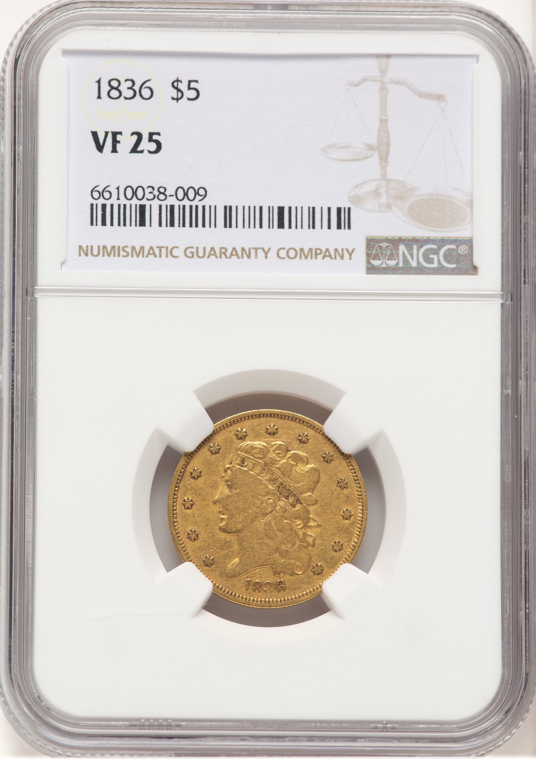 1836 $5 Classic Half Eagle NGC VF25