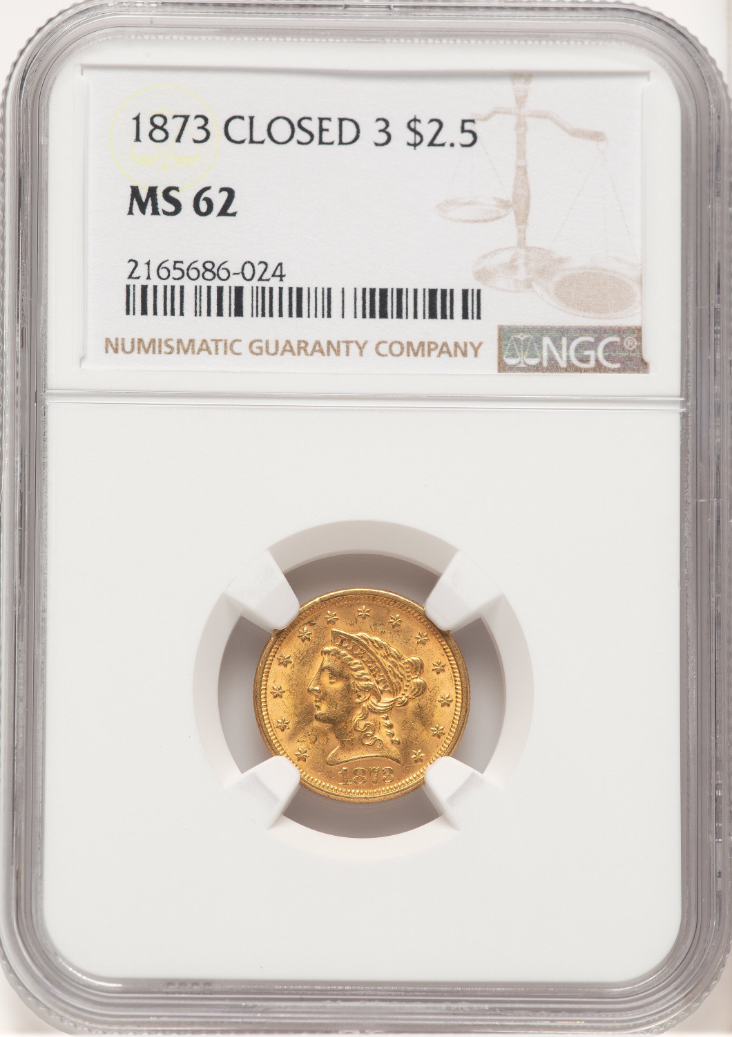 1873 $2.50 Closed 3 Brown Label Liberty Quarter Eagle NGC MS62