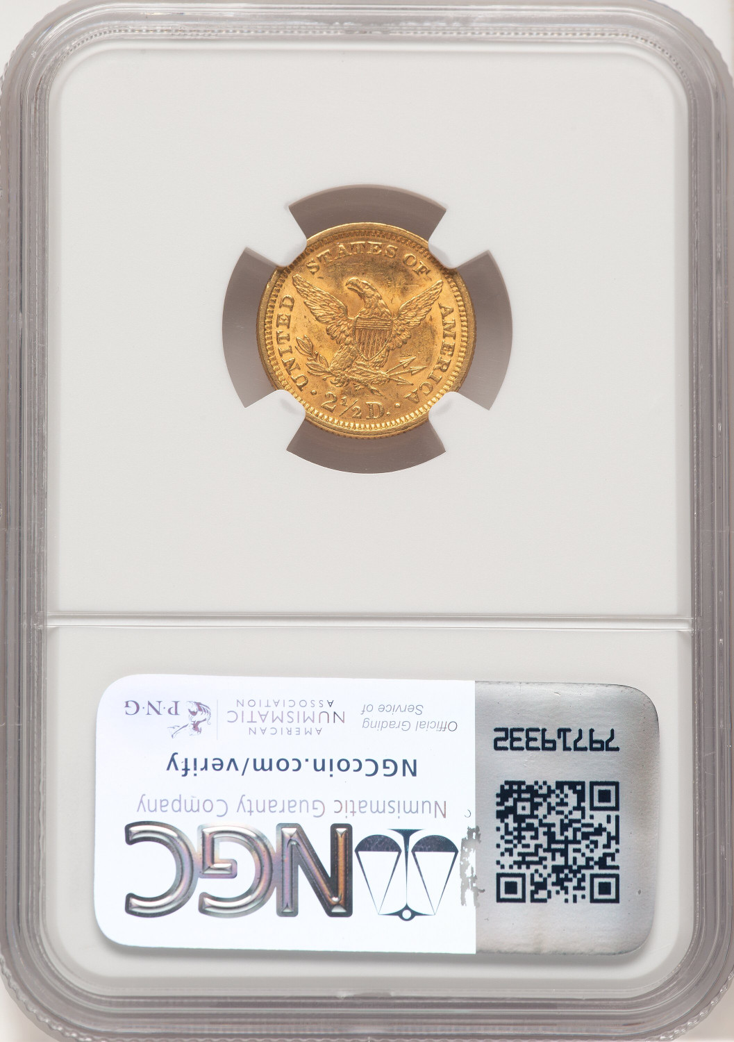 1873 $2.50 Closed 3 Brown Label Liberty Quarter Eagle NGC MS62. Second Image
