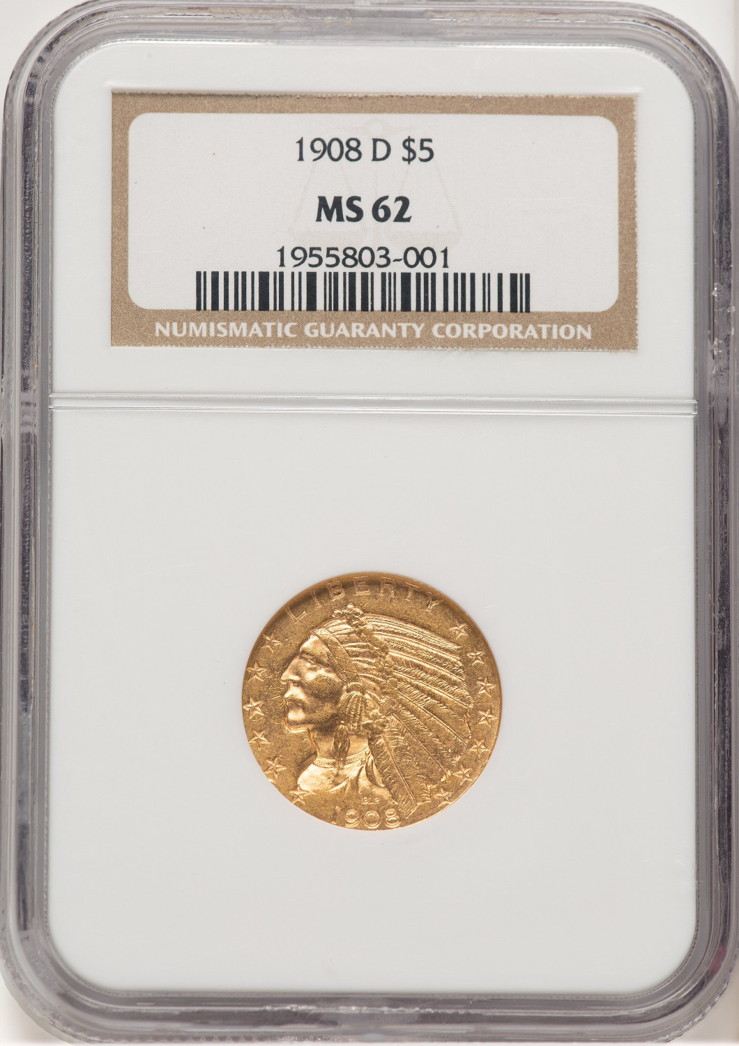 1908-D $5 Indian Half Eagle NGC MS62 (506475029)
