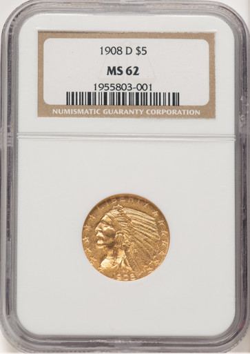 1908-D $5 Indian Half Eagle NGC MS62 (506475029). Third Image