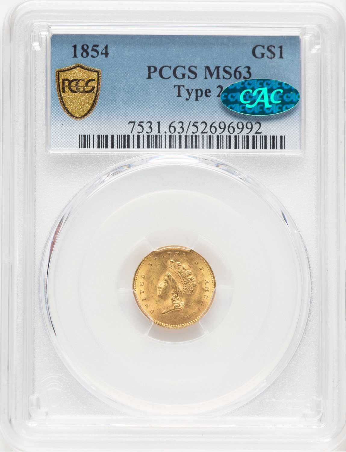 1854 G$1 Type Two CAC Gold Dollar PCGS MS63
