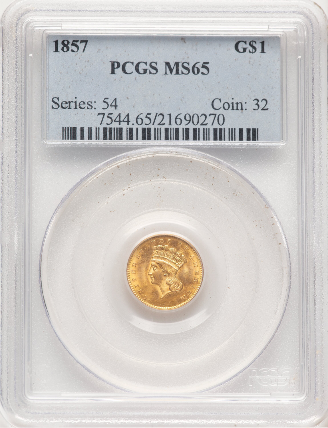 1857 G$1 Gold Dollar PCGS MS65