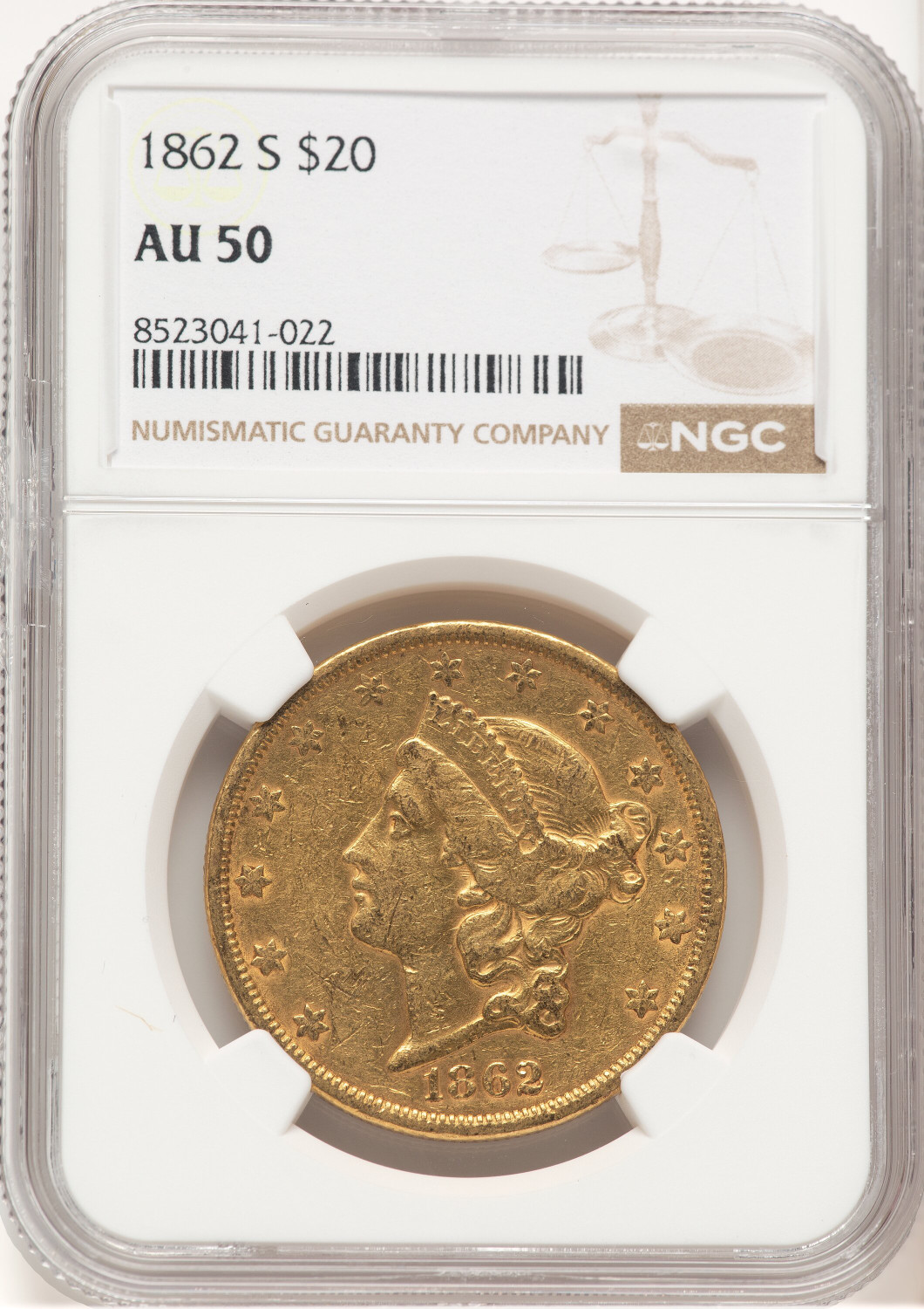 1862-S $20 Liberty Double Eagle NGC AU50 (507252020)