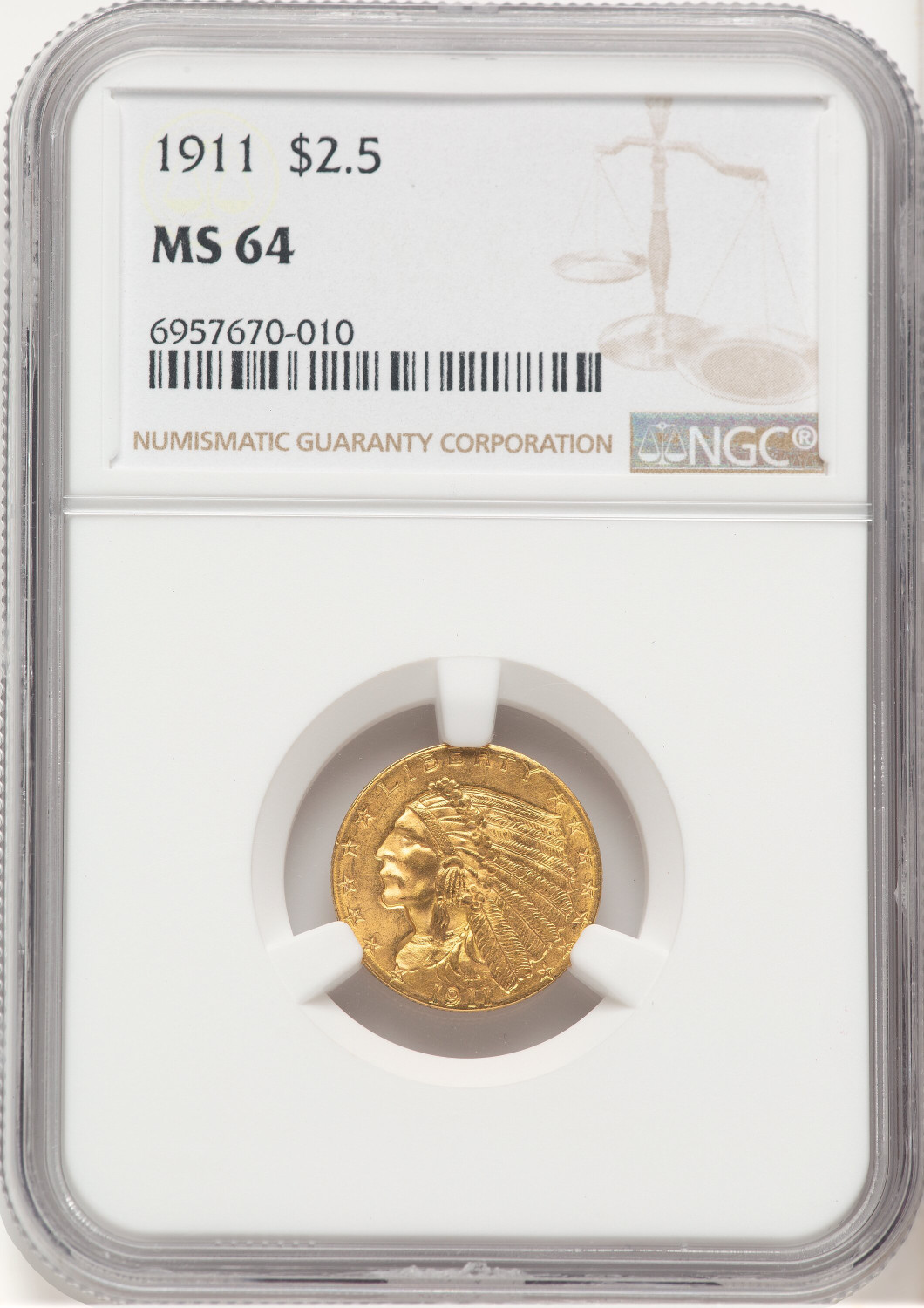 1911 $2.50 Indian Quarter Eagle NGC MS64 (777472035)