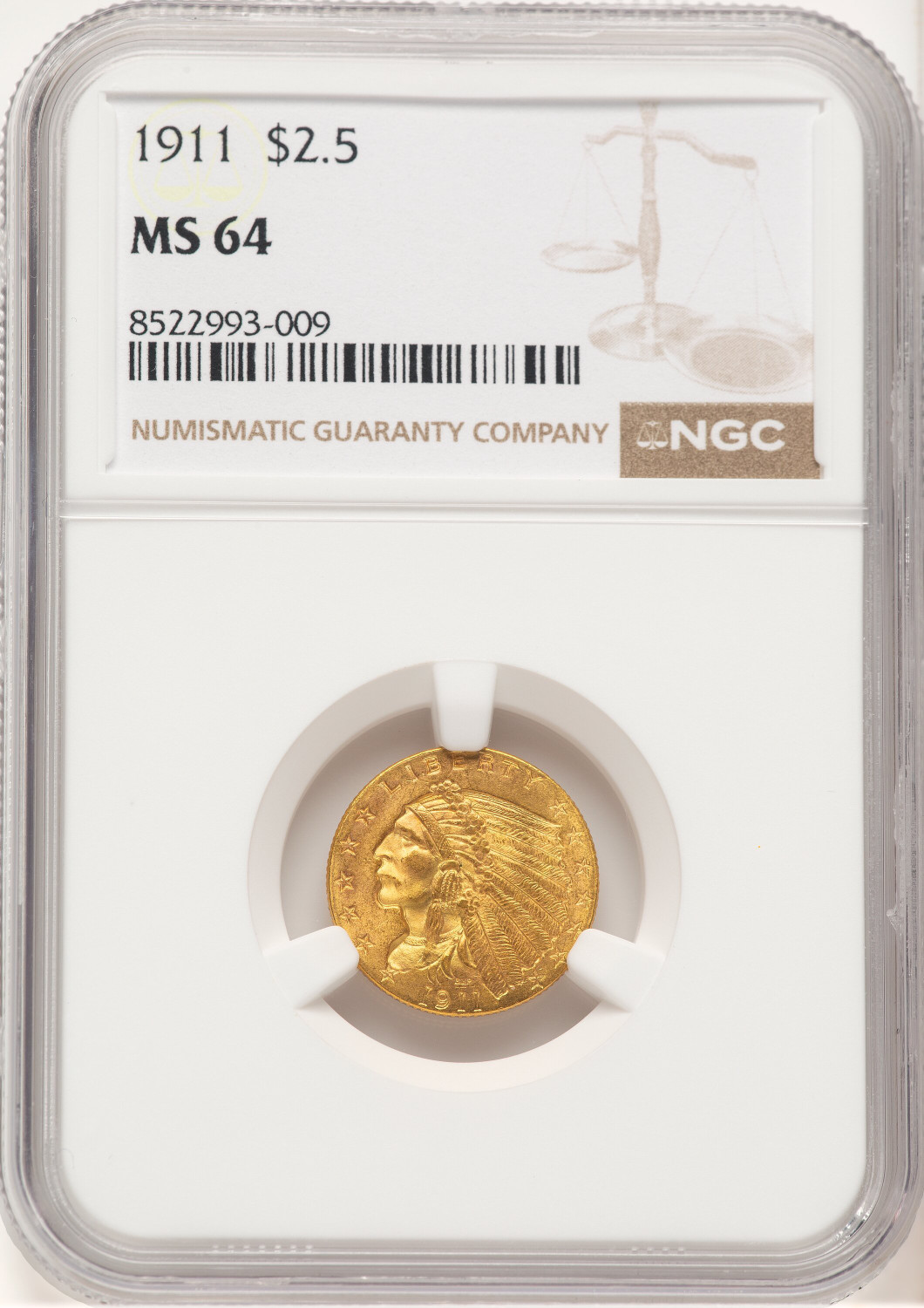 1911 $2.50 Indian Quarter Eagle NGC MS64 (777486011)