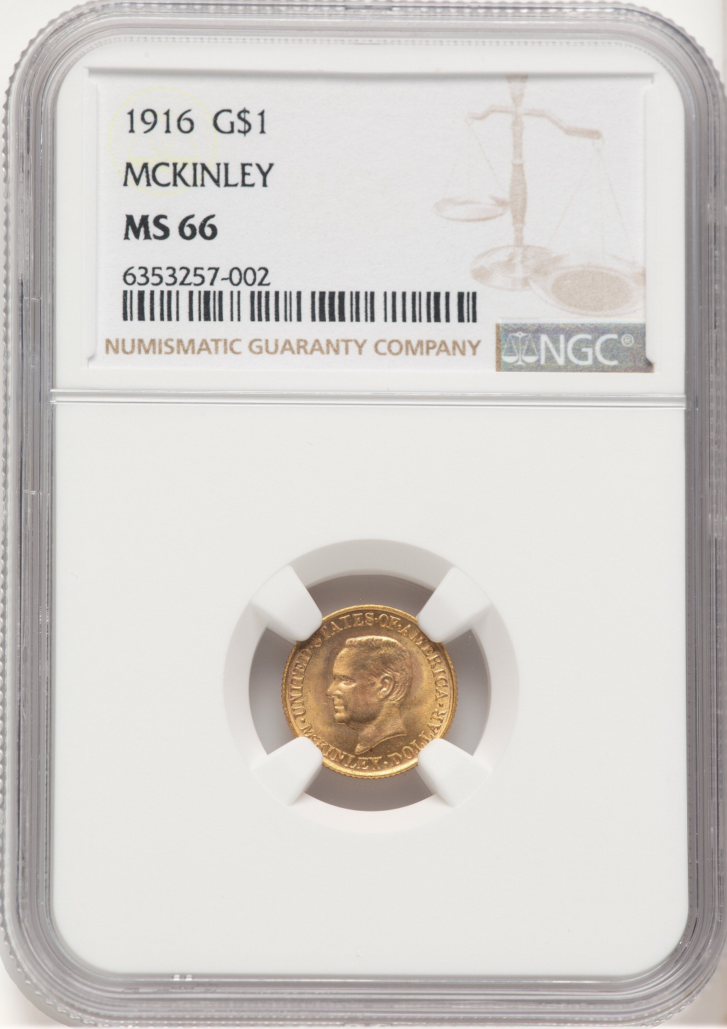 1916 G$1 McKinley Commemorative Gold NGC MS66 (778548001)