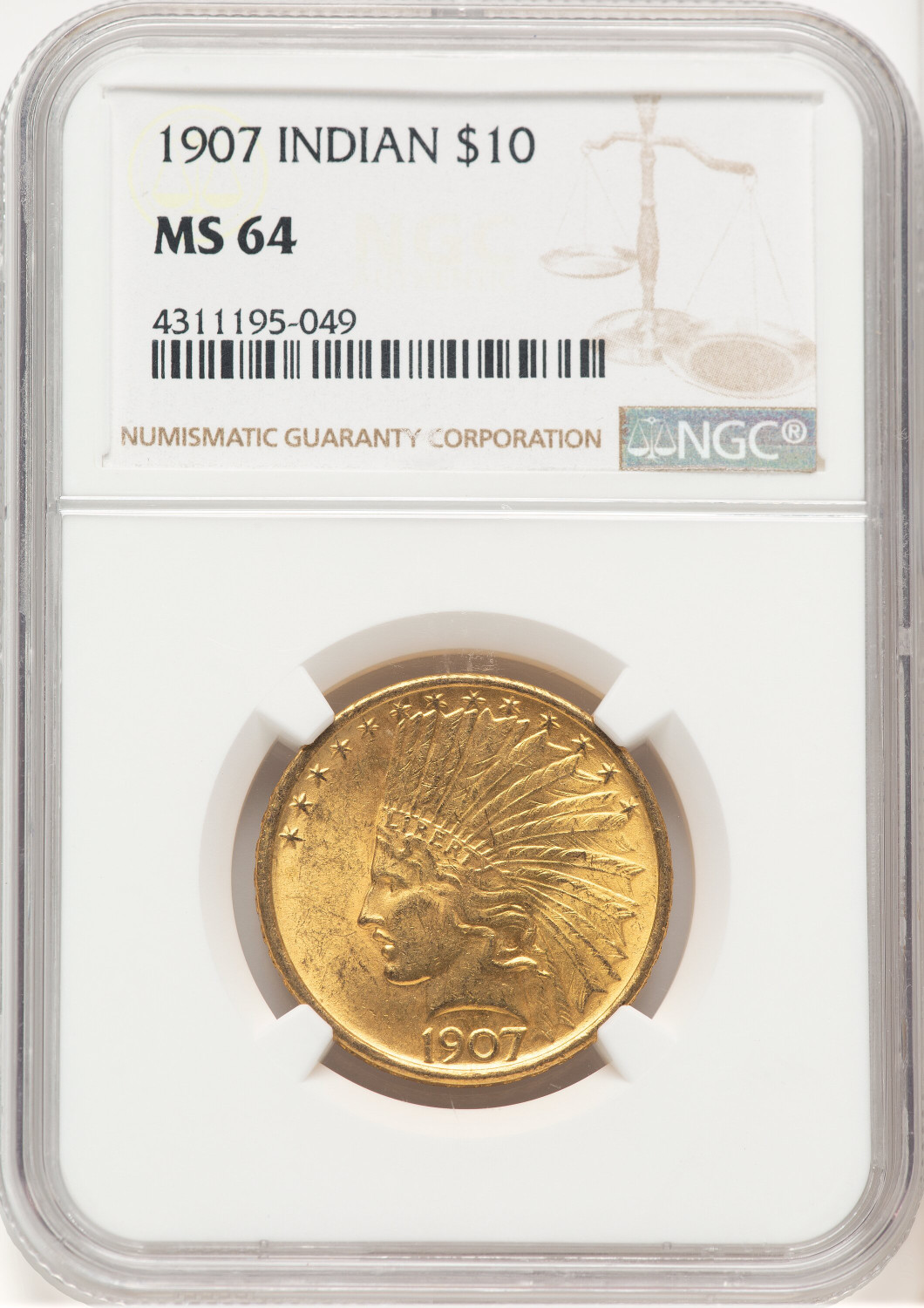 1907 $10 No Motto Brown Label Indian Eagle NGC MS64