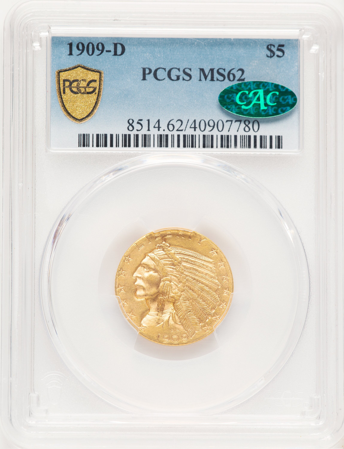 1909-D $5 CAC Indian Half Eagle PCGS MS62