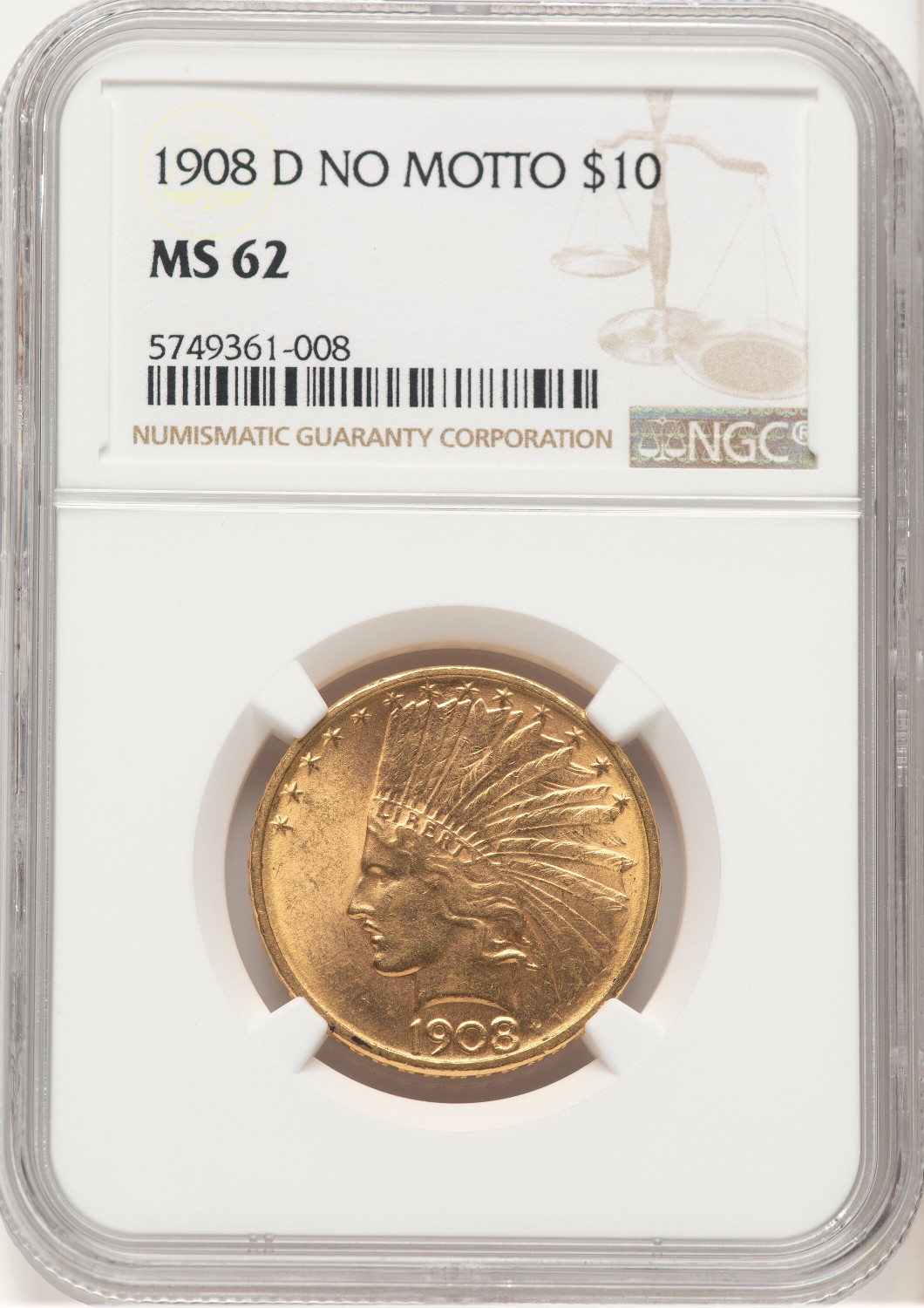 1908-D $10 NO MOTTO Indian Eagle NGC MS62 (778979009)