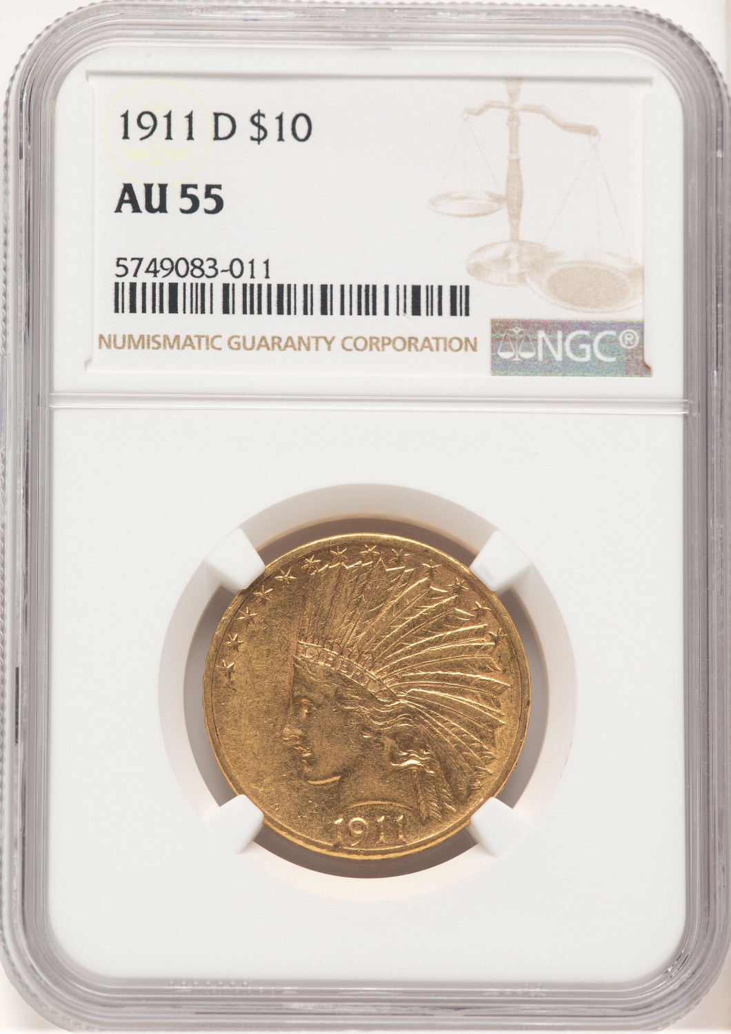 1911-D $10 Indian Eagle NGC AU55 (778979008)
