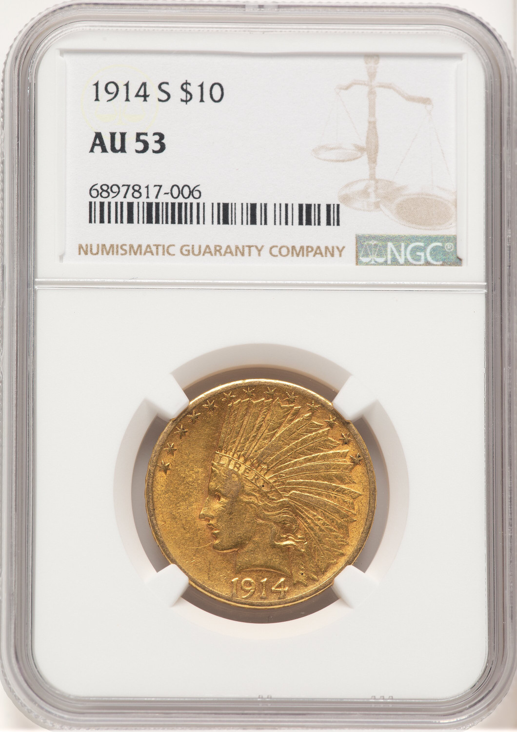 1914-S $10 Brown Label Indian Eagle NGC AU53