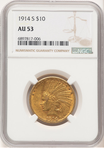 1914-S $10 Brown Label Indian Eagle NGC AU53. Third Image