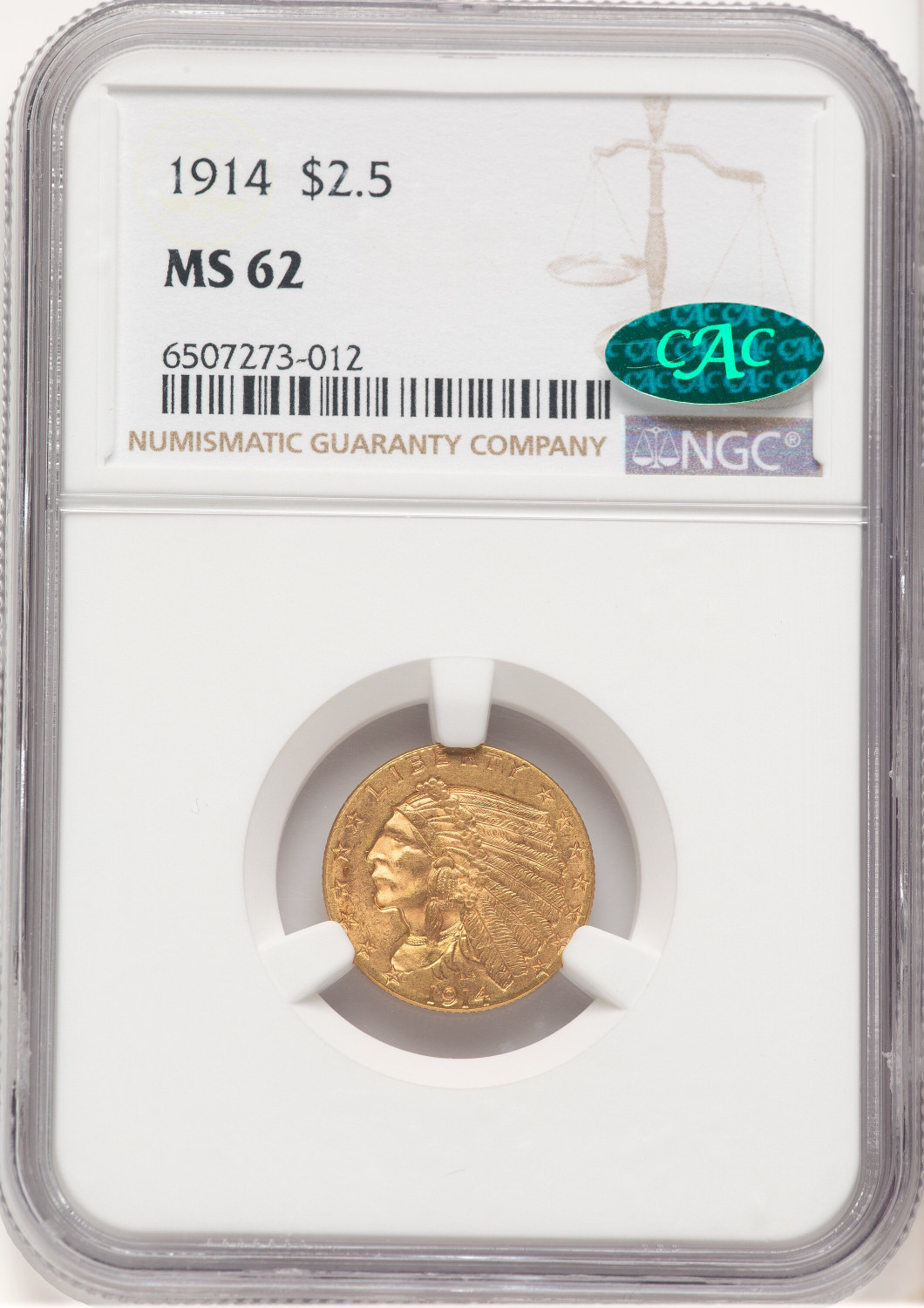 1914 $2.50 CAC Brown Label Indian Quarter Eagle NGC MS62