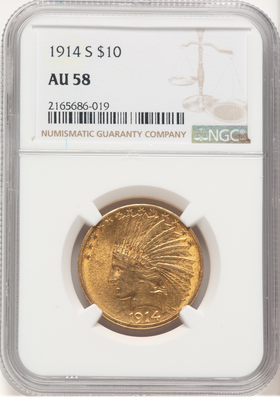 1914-S $10 Brown Label Indian Eagle NGC AU58