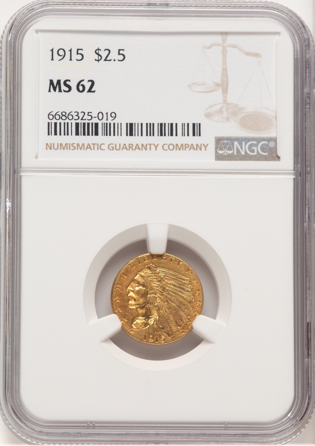 1915 $2.50 Indian Quarter Eagle NGC MS62 (779282012)