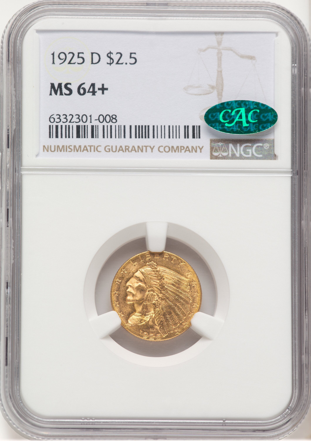 1925-D $2.50 CAC Brown Label Indian Quarter Eagle NGC MS64+