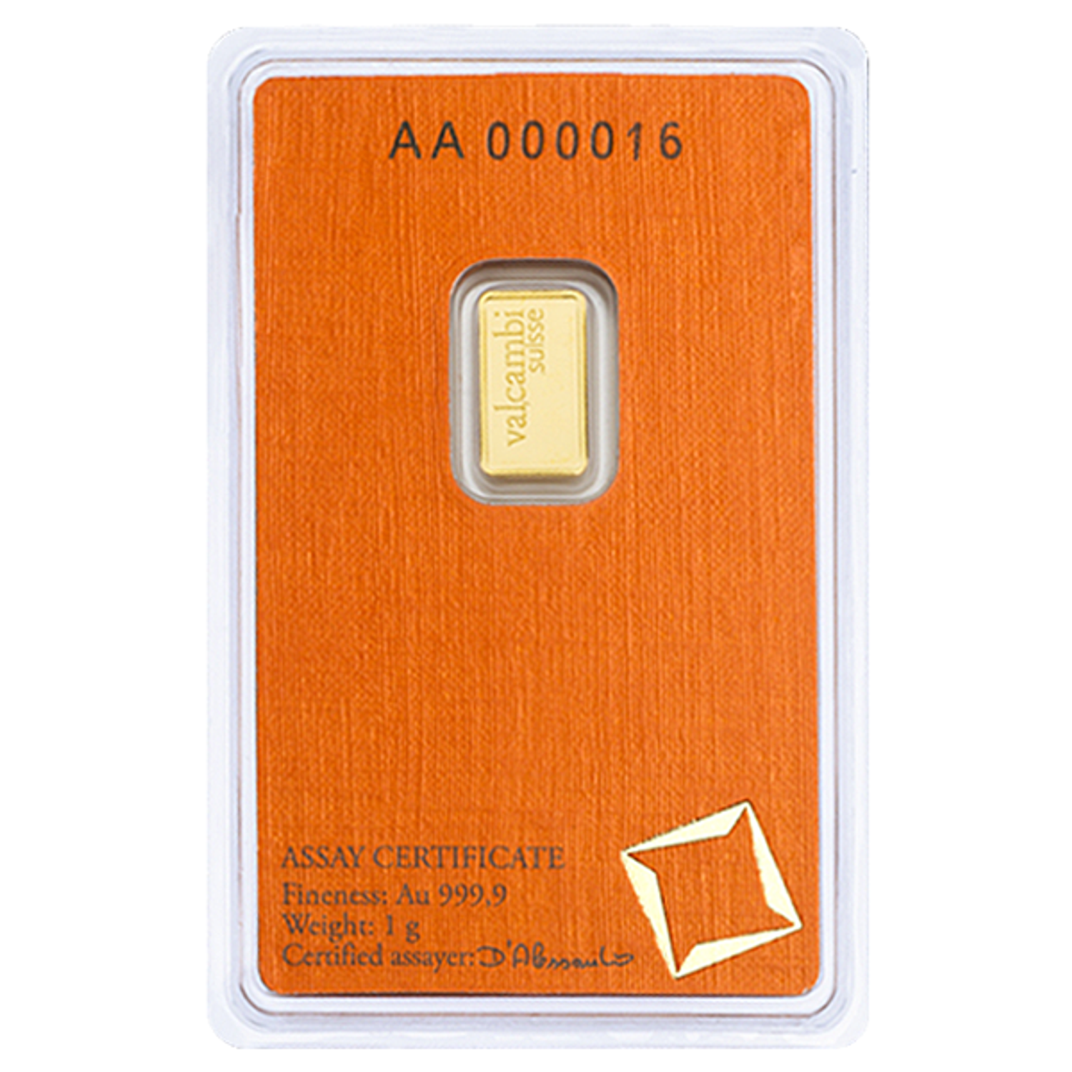 1 Gram Valcambi Gold Bar New w/ Assay. Second Image