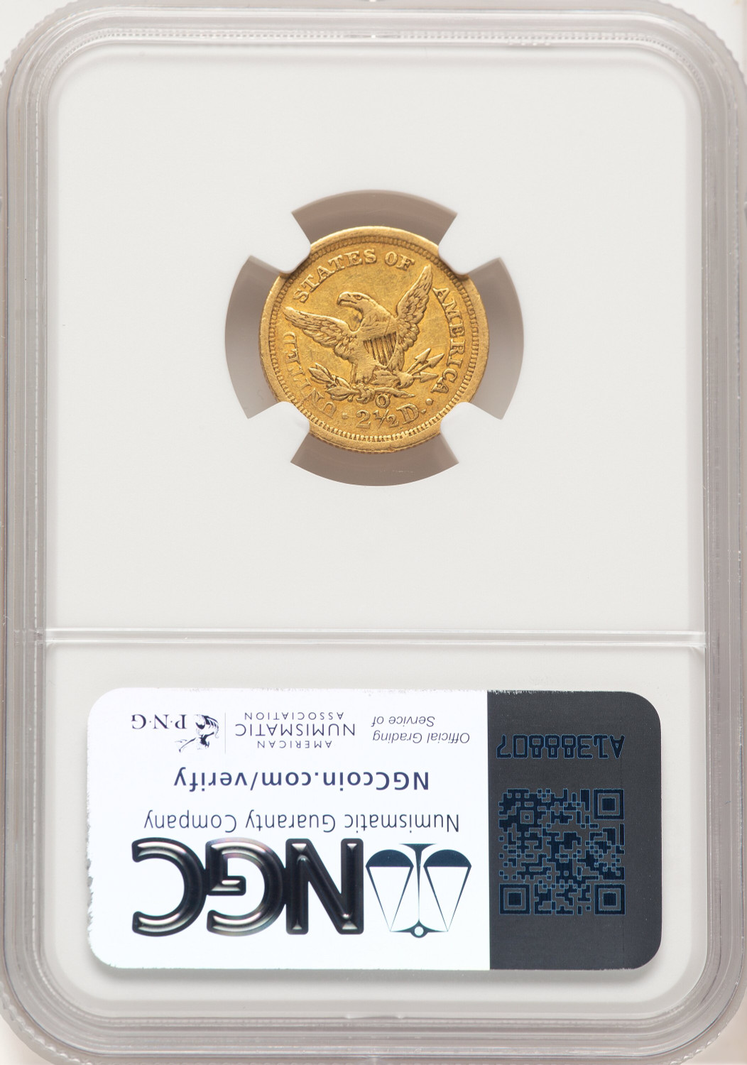 1843-O $2.50 Small Date Crosslet 4 Liberty Quarter Eagle NGC XF45. Second image.