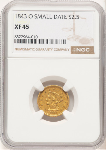 1843-O $2.50 Small Date Crosslet 4 Liberty Quarter Eagle NGC XF45. Third image.