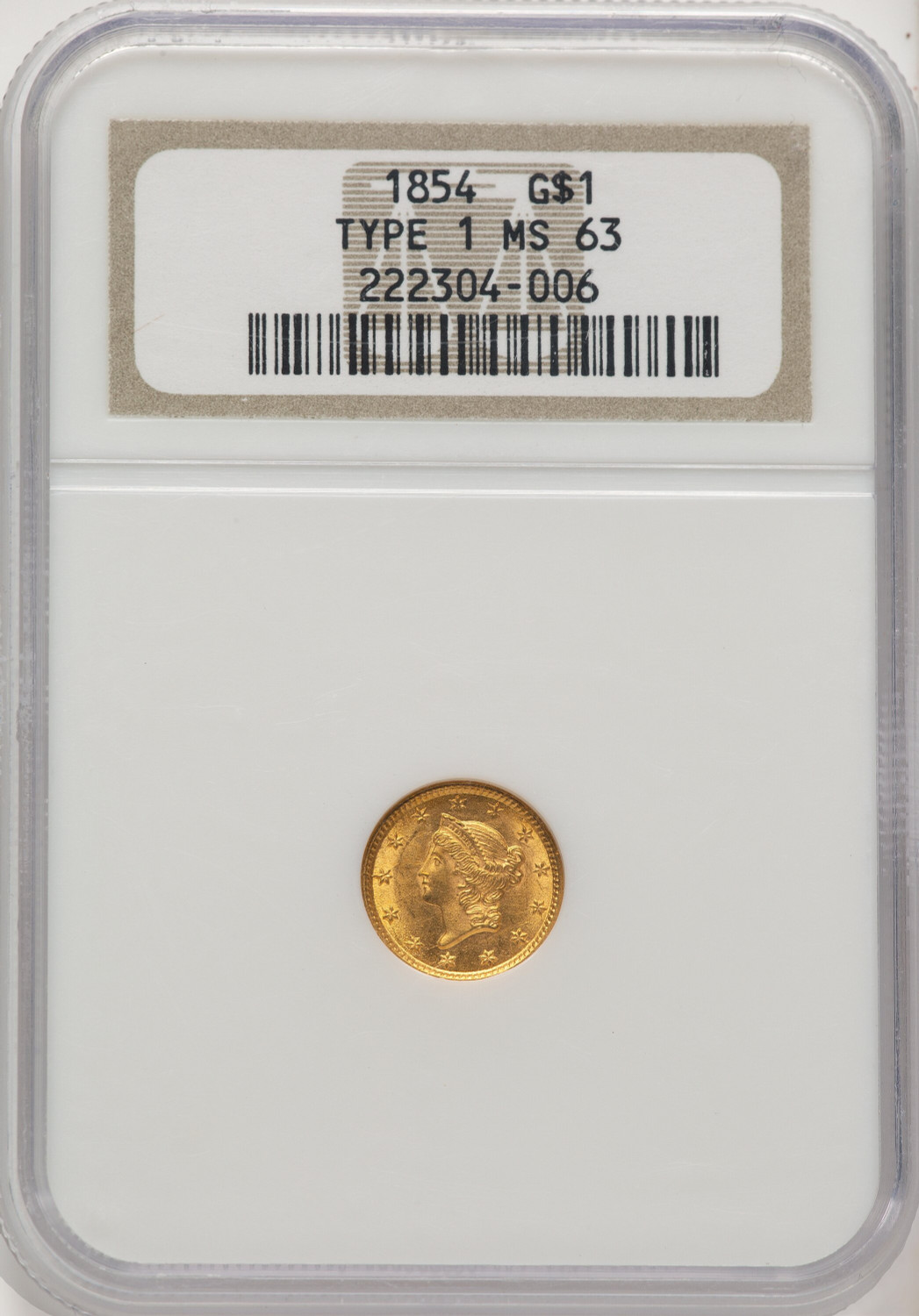1854 G$1 T-1 Gold Dollar NGC MS63