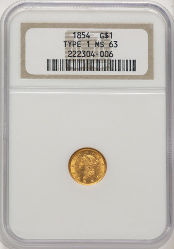1854 G$1 T-1 Gold Dollar NGC MS63. Third Image