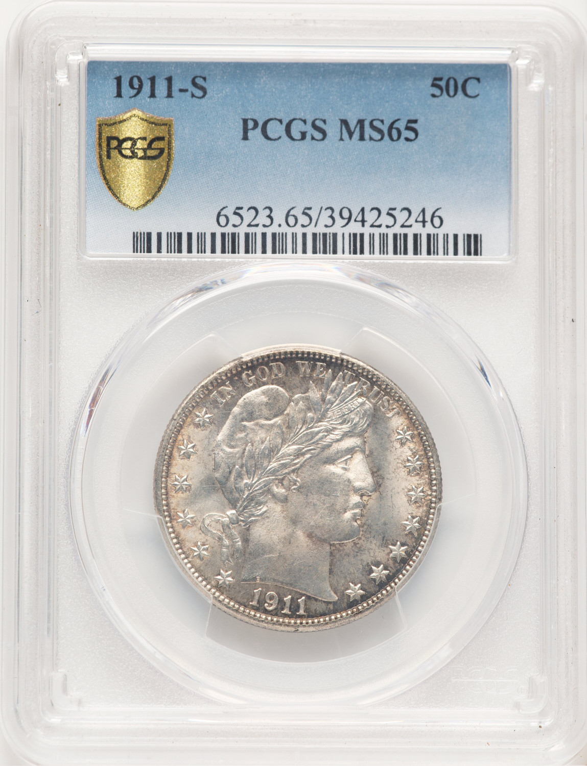 1911-S 50C Barber Half Dollar PCGS MS65