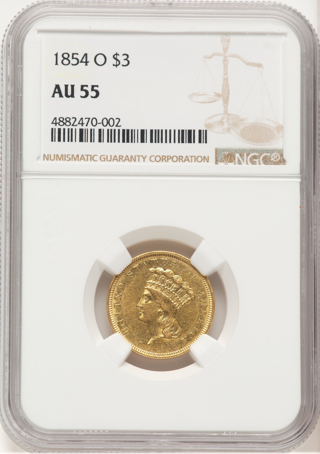 1854-O $3 Three Dollar Gold Pieces NGC AU55
