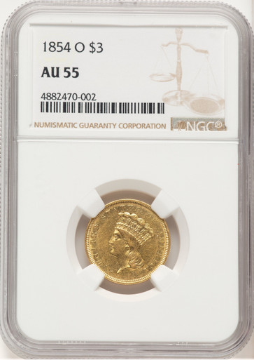 1854-O $3 Three Dollar Gold Pieces NGC AU55. Third Image