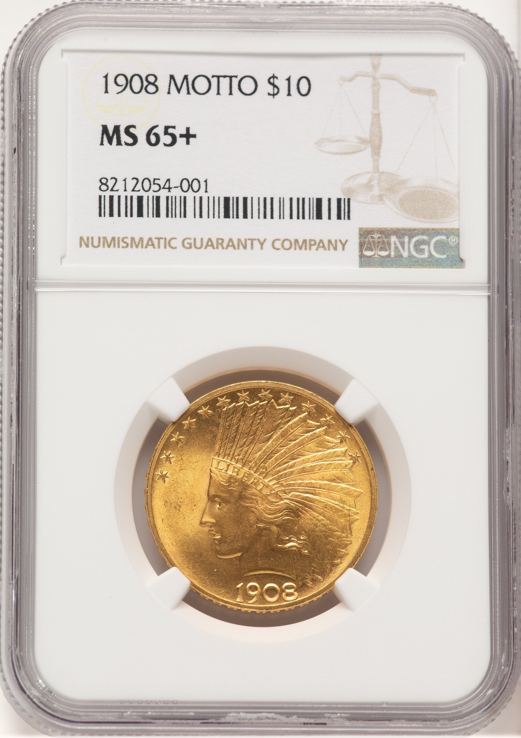 1908 $10 MOTTO Indian Eagle NGC MS65+