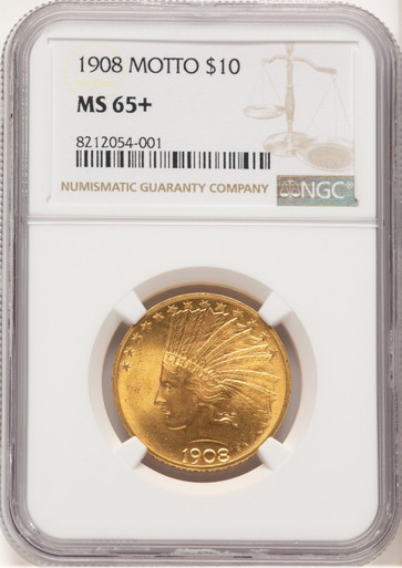 1908 $10 MOTTO Indian Eagle NGC MS65+. Third Image
