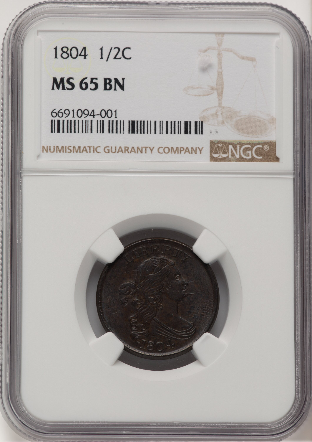1804 1/2 C Plain 4 No Stems BN Brown Label Half Cent NGC MS65