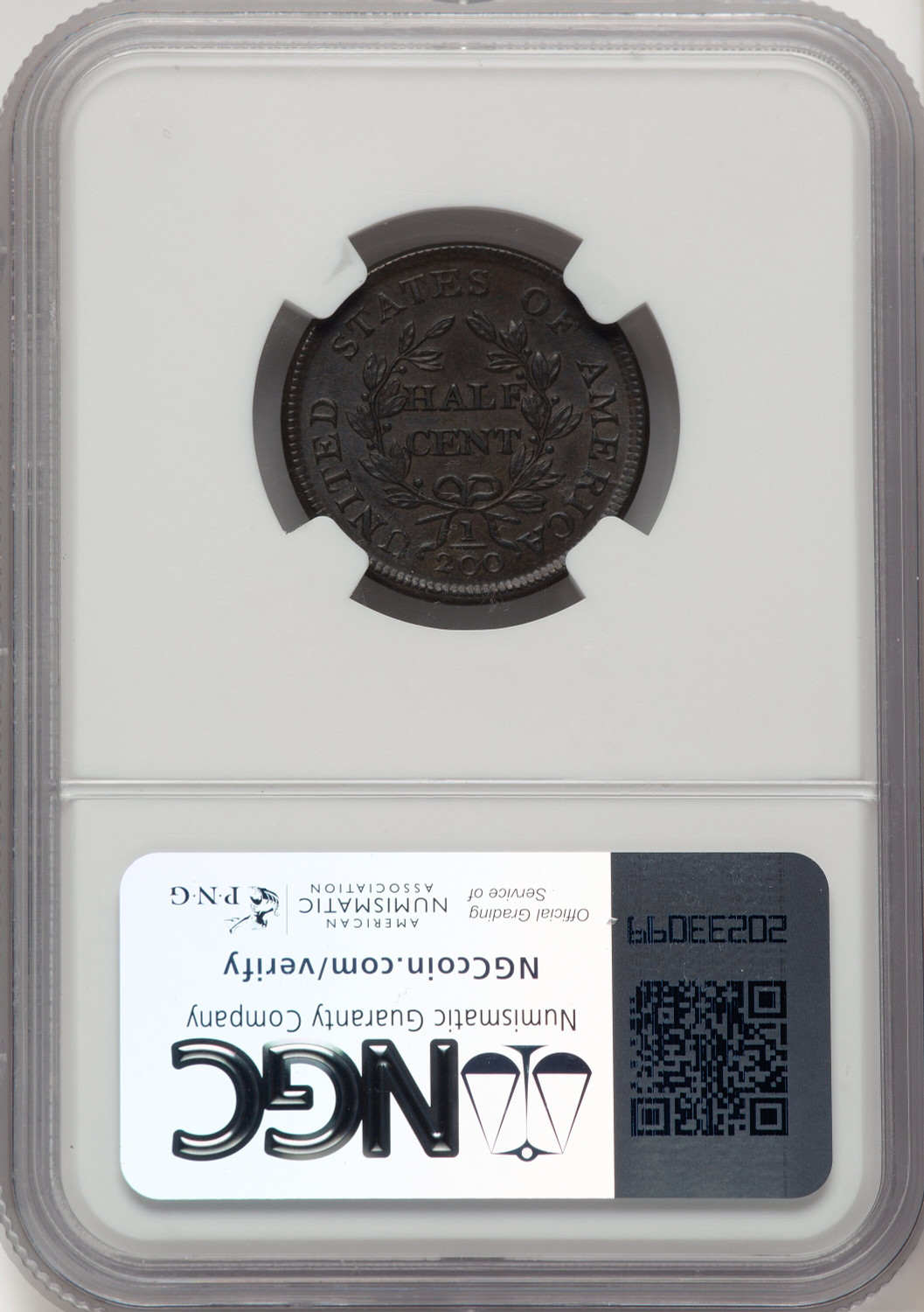 1804 1/2 C Plain 4 No Stems BN Brown Label Half Cent NGC MS65. Second image.