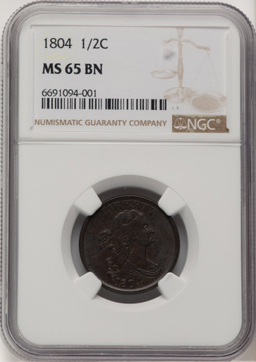 1804 1/2 C Plain 4 No Stems BN Brown Label Half Cent NGC MS65. Third image.