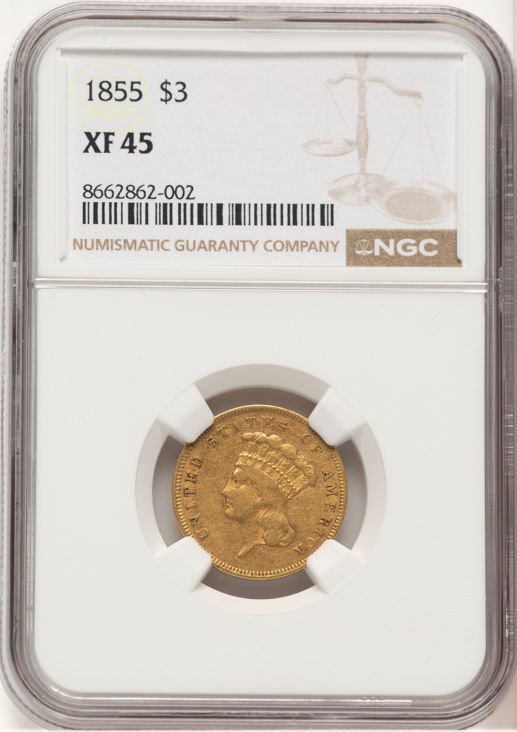 1855 $3 Three Dollar Gold Pieces NGC XF45 (779299015)