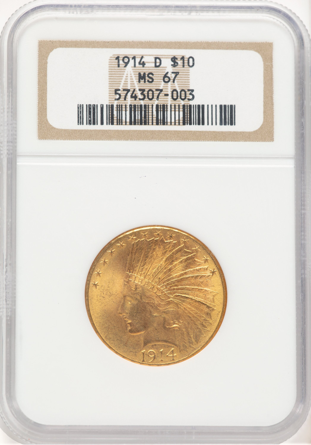 1914-D $10 Indian Eagle NGC MS67