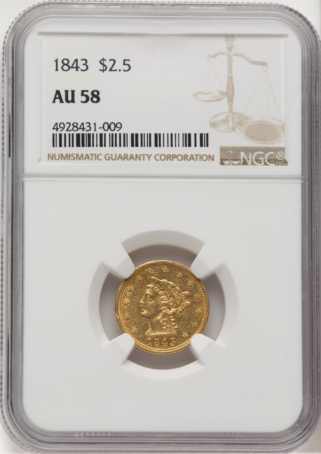 1843 $2.50 Liberty Quarter Eagle NGC AU58 (777581012)