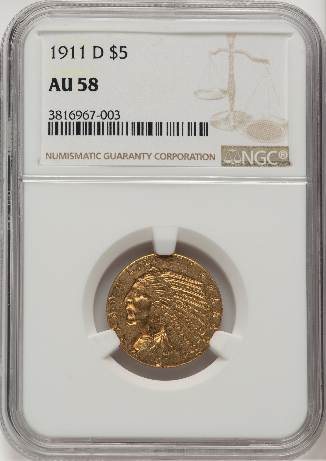 1911-D $5 Indian Half Eagle NGC AU58 (777498002)