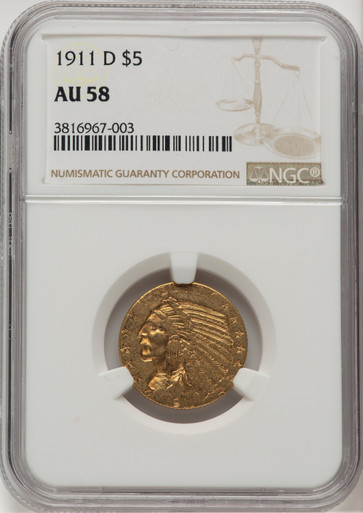 1911-D $5 Indian Half Eagle NGC AU58 (777498002). Third image.