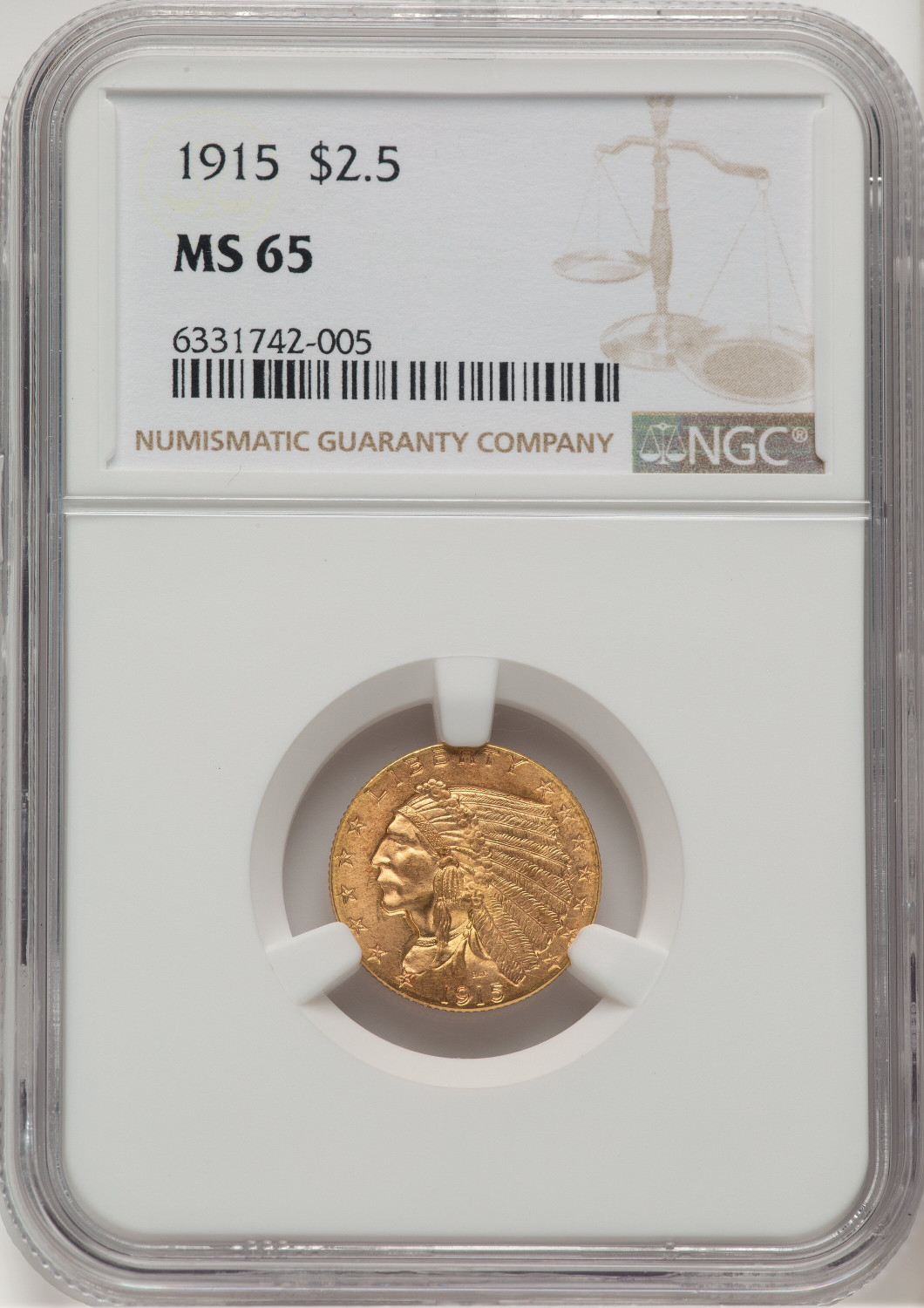 1915 $2.50 Indian Quarter Eagle NGC MS65 (778256037)