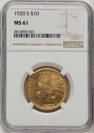 1920-S $10 Indian Eagle NGC MS61. Third image.