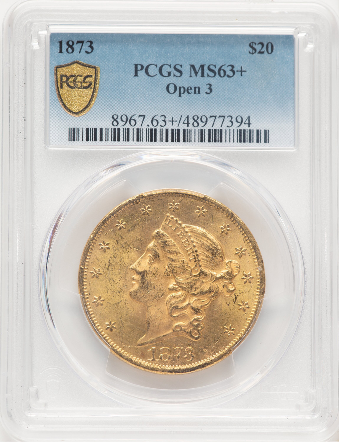 1873 $20 OPEN 3 Liberty Double Eagle PCGS MS63+
