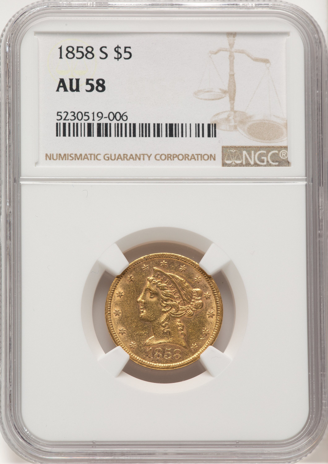 1858-S $5 Liberty Half Eagle NGC AU58
