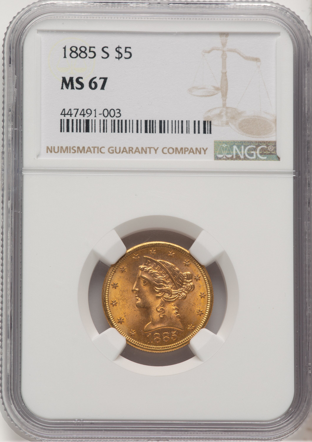 1885-S $5 Liberty Half Eagle NGC MS67
