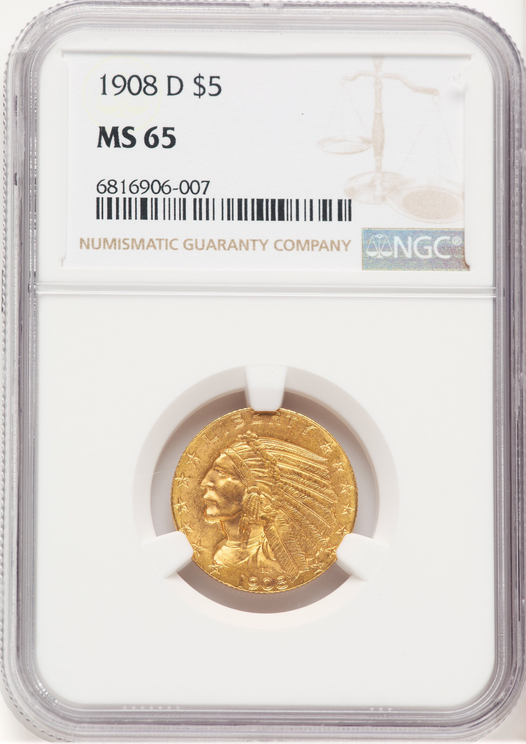 1908-D $5 Indian Half Eagle NGC MS65