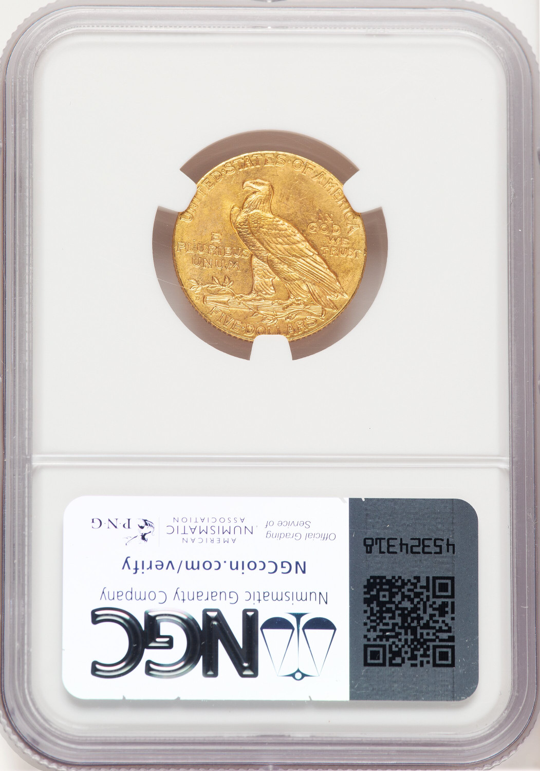 1908-D $5 Indian Half Eagle NGC MS65. Second image.