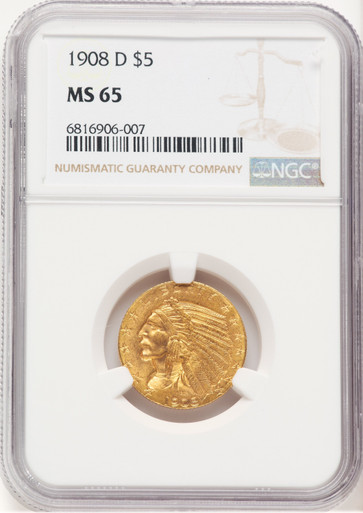 1908-D $5 Indian Half Eagle NGC MS65. Third image.