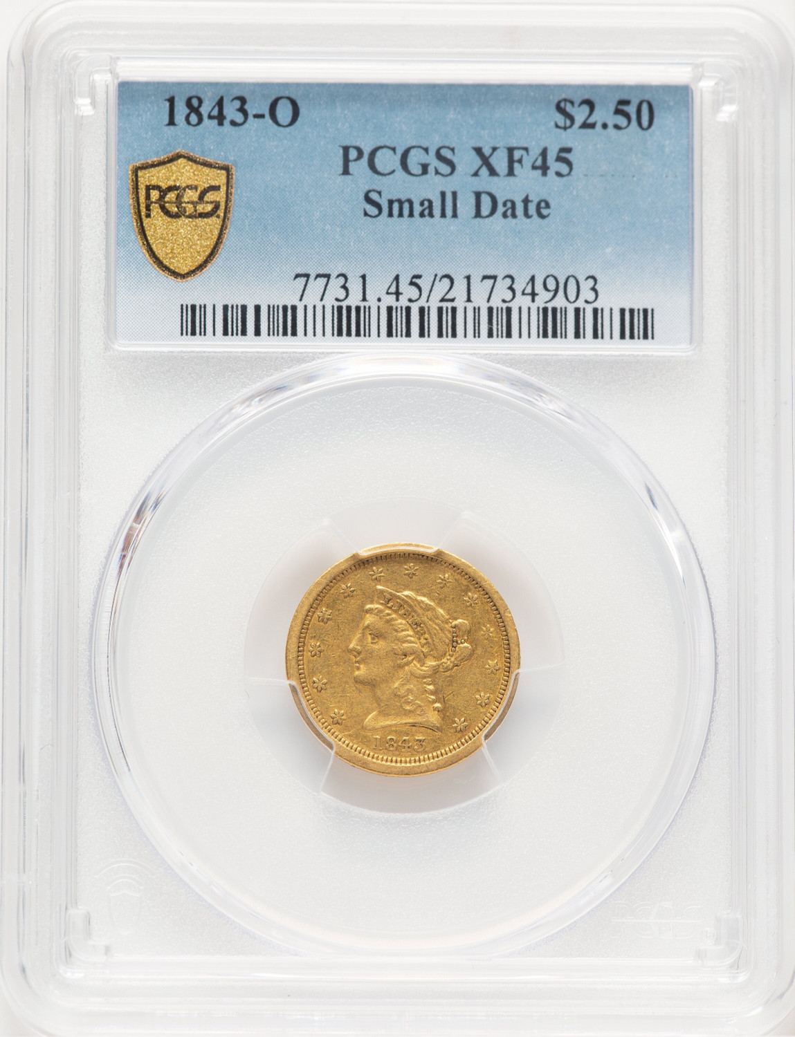 1843-O $2.50 Small Date Crosslet 4 Blue Gradient Liberty Quarter Eagle PCGS XF45