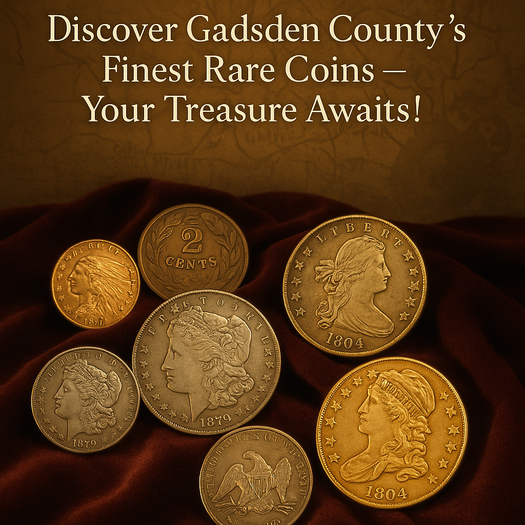 Rare collectible coins displayed on a velvet cloth in Gadsden County, Florida