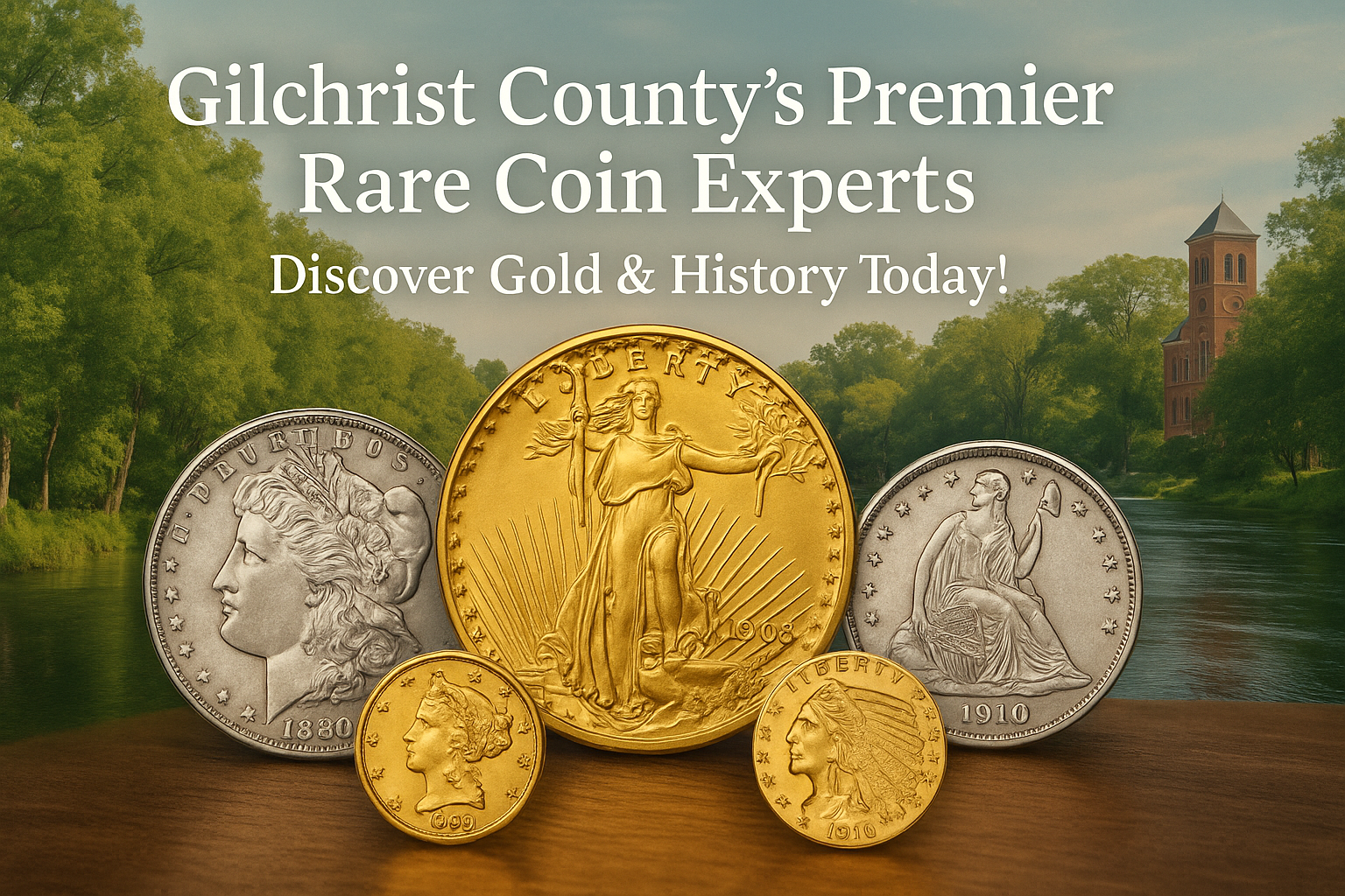 Rare collectible coins displayed with Gilchrist County backdrop